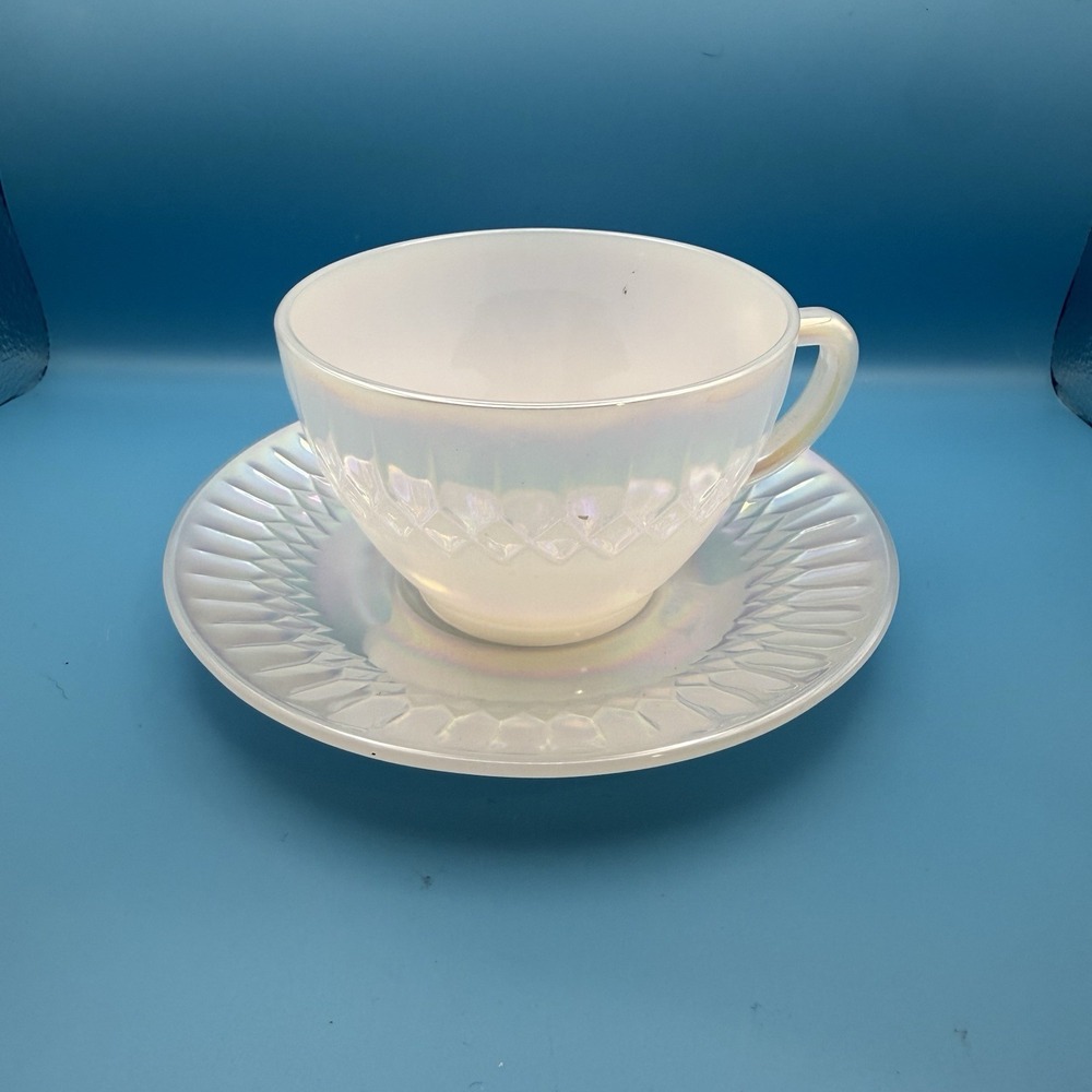 1960 Federal Glass Moonglow Iridescent Cup & Saucer Set White Rainbow MCM